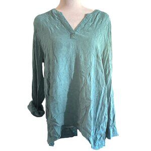 Simply Vera Women Top L Green Blue Teal Blouse V Neck Roll Tab Rayon Pullover
